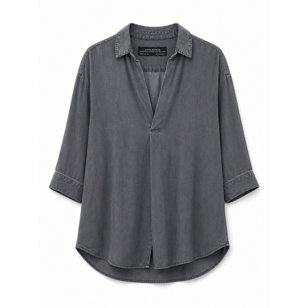 Zara Woman Premium Denim Blouse Women's Medium Gray 3/4 Sleeve Tunic Top